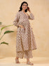 Janasya Women's Cream Pure Cotton Floral Printed A-line Maternity Kurta Pant Set